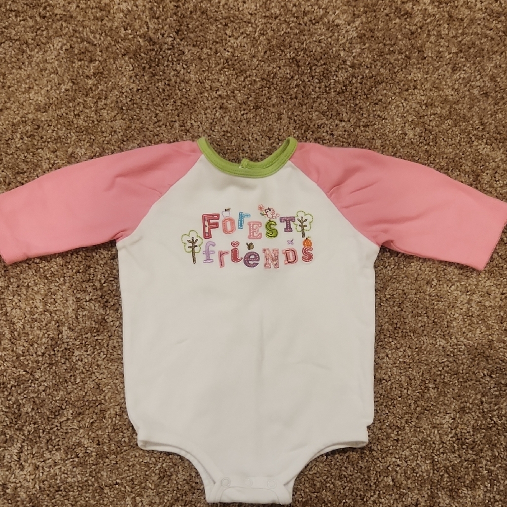 Okie Dokie Forest Friends Pink and White Kids One Piece Bodysuit, Size 6-9 Month